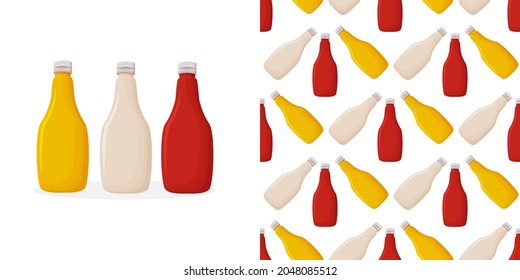 Plastic bottles sauce of tomato ketchup, mayonnaise and mustard in seamless pattern.