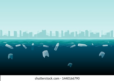 Plastic bottles in the sea. Pollution of the World ocean by plastic waste. Vector illustration