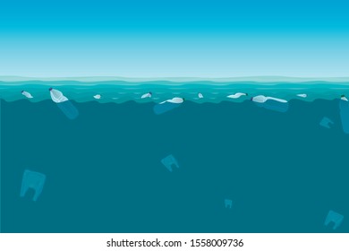 Plastic bottles in the sea. Pollution Of the world ocean by plastic waste. Environmental pollution. Vector illustration