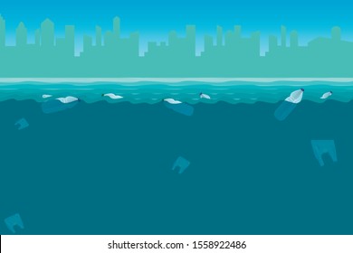 Plastic bottles in the sea. Pollution Of the world ocean by plastic waste. Environmental pollution. Vector illustration