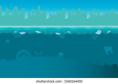 Plastic bottles in the sea. Pollution Of the world ocean by plastic waste. Environmental pollution. Vector illustration