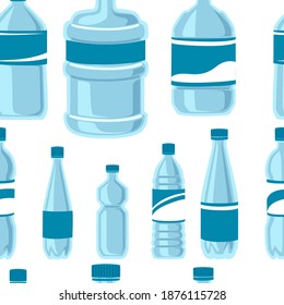 Plastikflaschen nahtloses Muster für Wasserlieferungen unterschiedlicher Größe und Design leerer Vorlagenflaschen flache Vektorgrafik auf weißem Hintergrund