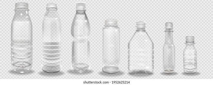 Botellas de plástico puestas. Botella de plástico realista vacía. Ilustración vectorial de una botella transparente 3d con una pegatina en blanco.