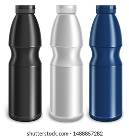 Plastic bottles, set of three containers. White, blue and black containers. Capacity for liquid products. Layout for design. Isolated over white background. Vector illustration.