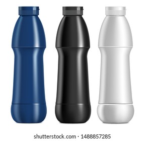 Plastic bottles, a set of three containers of different colors. White, blue and black containers. A container for juice or yogurt. Mockup for design. Isolated over white background. Vector.