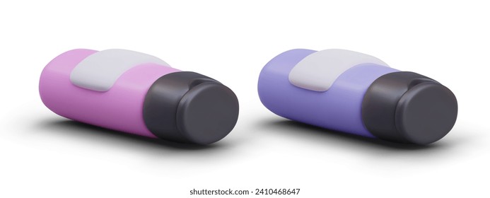 Plastikflaschen für Shampoo, Balsam in horizontaler Lage. Vektorvorlagen für realistisches Webdesign. Verpackung für Pflegeprodukte verschiedener Farben