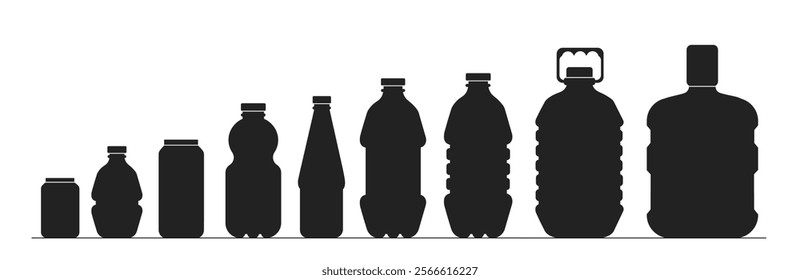 Plastic bottles silhouettes set. Containers for water, soda. Alcoholic drinks and beverages. Plastic, aluminum, tin and metal. Flat vector collection isolated on white background