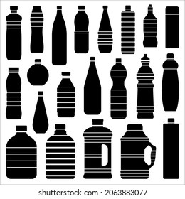 Plastic bottles silhouettes set. Different shapes of empty containers for liquids, cartoon flasks for drinks and pure water cooler. Monochrome jugs icon collection.