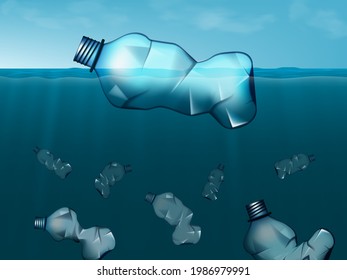 Plastic Bottles Sinking In Ocean. Sea Garbage Concept. EPS10 Vector