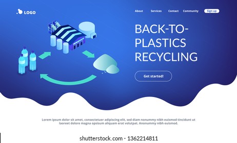 Plastic bottles taken to recycling plant and material recovery. Mechanical recycling, back-to-plastics recycling, waste material reuse concept. Isometric 3D website app landing web page template