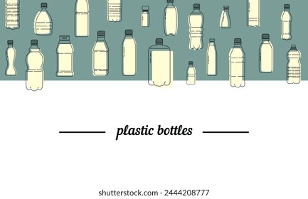 Botellas de plástico con texto sobre fondo verde. Ilustración vectorial