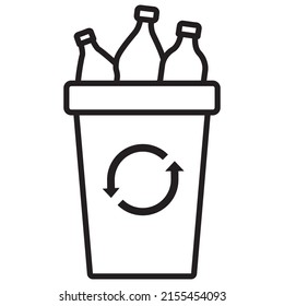 Plastic bottles in trash bin.Rubbish bin for recycling icon.Garbage container for plastic trash.Domestic litter environment pollution.Outline vector illustration.Isolated on white background.