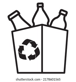 Plastic bottles in trash bin.Rubbish bin for recycling icon.Garbage container for plastic trash.Domestic litter environment pollution.Outline vector illustration.Isolated on white background.