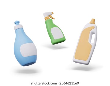 Plastic bottles of various shapes for detergents. Isolated concepts for soap, bleach, fabric softener, disinfectant. Container with handle, dispenser, spray