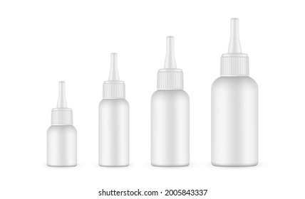 Plastic Bottles Various Sizes with Dropper Long Tip Cap, Isolated on White Background. Vector Illustration