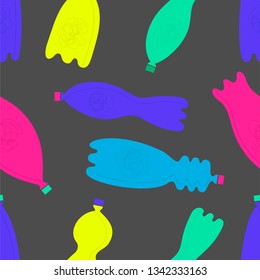 Plastic bottles vector color seamless pattern. Non recyclable material, junk cartoon illustration. Global problem, pollution. Waste recycling. Environment protection, ecology. Rubbish, trash, garbage