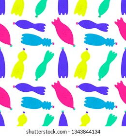 Plastic bottles vector color seamless pattern. Non recyclable material, junk cartoon illustration. Global problem, pollution. Waste recycling. Environment protection, ecology. Rubbish, trash, garbage