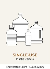 Plastic bottles. Vector illustration of single-use recycling plastic big bottles. Isolated transparent bottle. Flat logo for ecological poster, postcard, banner, pollution and  environment concept.