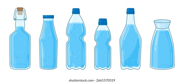Plastic bottles. Water plastic containers, bottles of various shapes, mineral water flasks flat vector illustration set. Cartoon transparent water bottles