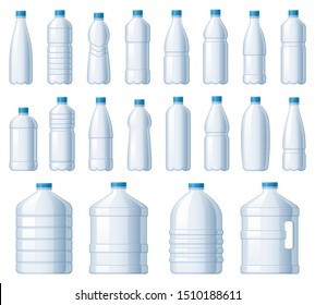 Plastic bottles. Water cooler bottle, PET package for liquids and soda drink beverage. Liquid bottles storage, fresh cold water empty packages. Isolated vector illustration icons set