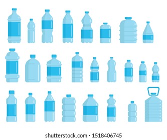 Plastic bottles for water flat collection. Vector pictures in flat style isolated on white background. Container different plastic bottle set with fresh and clean water