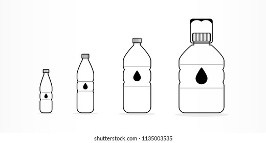 Plastic bottles with water icon set. Different sizes. Black outline. Vector illustration, flat design