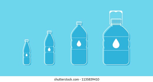 Plastic bottles with water icon set. Different sizes. Vector illustration, flat design