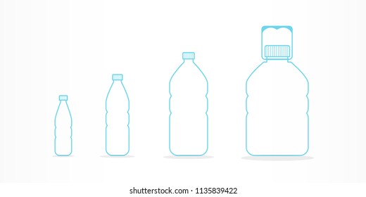 Plastic bottles with water icon set. Different sizes. Vector illustration, flat design