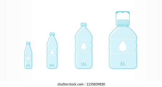 Plastic bottles with water icon set. Different sizes: 33cl, 0,5L, 1,5L, 5L. Vector illustration, flat design