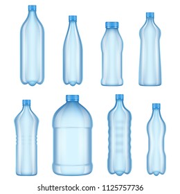 Plastic bottles for water. Realistic vector pictures of various types transparent bottles. Illustration of water bottle, plastic container transparent