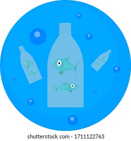 Plastic bottles in which fish swam against the background of blue water. The concept of pollution of the oceans and the environment.