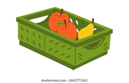 A plastic box for harvesting. Storage box. Gardening tools. Flat color illustration. Suitable for gardening, site maintenance, weed control, agricultural machinery and manual labor