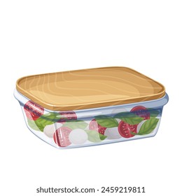 Caja de plástico con ensalada saludable, bocadillo de dibujos animados para la lonchera. Divertido recipiente de vidrio con bolas de queso mozzarella, albahaca y tomate, ensalada Caprese de dibujos animados para el almuerzo italiano o Ilustración vectorial de picnic