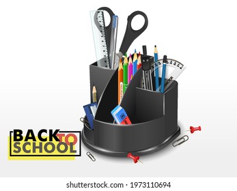 Plastic box with stationery and drawing tools. Cup with office stationery black silhouette shape isolated on white background. Glass with scissors, pen, pencil, ruler. School supplies