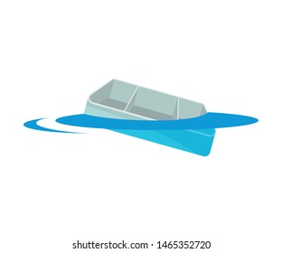 Plastic box without a lid floats in water. Vector illustration on white background.