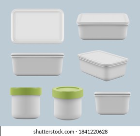 Plastic Boxes. Caring Food In Containers Square Empty Storage Utensil For Kitchen Vector Realistic Templates