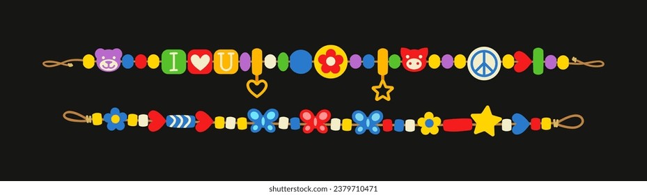 Plastic bracelets set. Accessory and decoration. Multicolored symbols on rope. Fashion, trend and style of 80s and 90s. Cartoon flat vector collection isolated on black background