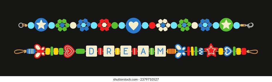 Plastic bracelets set. Accessory and decoration. Multicolored symbols on rope. Era hippie, positivity and optimism. Poster or banner. Cartoon flat vector collection isolated on black background