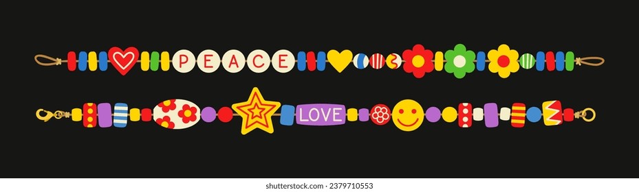 Plastic bracelets set. Accessory and decoration. Multicolored symbols on rope. Back to 80s and 90s. Graphic element for website. Cartoon flat vector collection isolated on black background