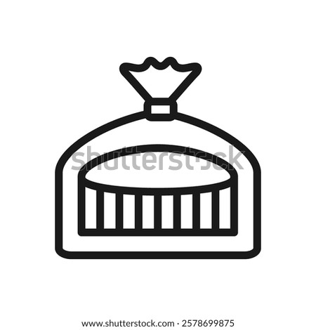 Plastic bread bag with clip band line icon. Sliced bread in a disposable packaging. Editable stroke. Plastic recycling. For web page and mobile. Vector illustration isolated on white background