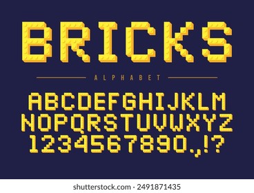 Plastic brick font. Alphabet from 3d yellow toy blocks. Letters and numbers from construction toy bricks or blocks. Vector illustration.