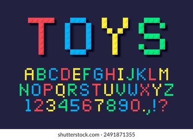 Plastic brick font. Alphabet made from colored toy blocks. Letters and numbers from colourful construction toy bricks or blocks. Vector illustration.