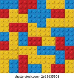 Plastic bricks pattern. yellow, blue and red colors 3d meccano blocks building vector seamless background
