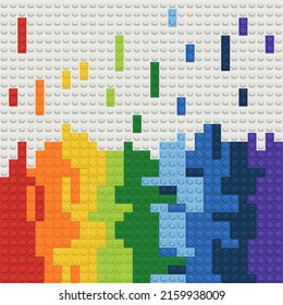 Plastic bricks popular constructor toy with assembly knots as rainbow vector illustration. Waterfall art on white baseplate.