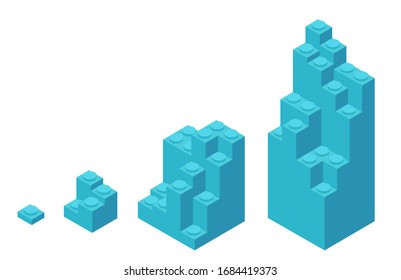Plastic bricks. Size construction process stages. Building blocks for children construction kits. Development stage. Animation progression. Vector isometric infographic.