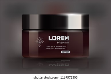 Plastic brown jar with black lid for cosmetics - body cream, 
butter, bath salt, gel, powder. Realistic packaging mockup template. 
isolated on dark gradient background.