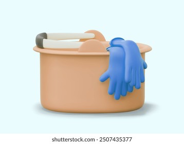 Plastic bucket with blue rubber gloves, side view. Vector 3D composition