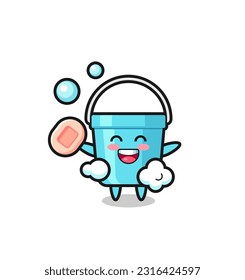 plastic bucket character is bathing while holding soap , cute style design for t shirt, sticker, logo element