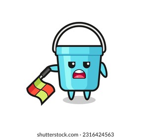 plastic bucket character as line judge hold the flag down at a 45 degree angle , cute style design for t shirt, sticker, logo element