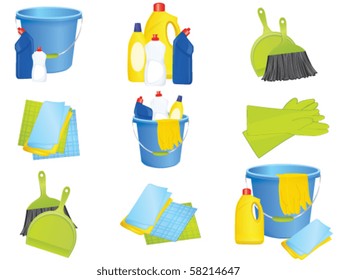 Plastic Bucket With Cleaning Supplies, Vector